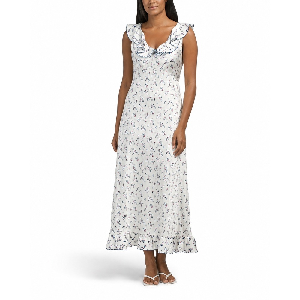 Caroline Constas Satin Maxi Dress White Blue Floral Ruffle Scallop Trim S